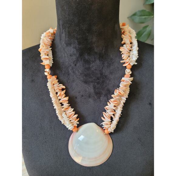 Women's Natural Shell Pendant Necklace With White And Peach Heishi Shell Beads - Picture 2 of 7